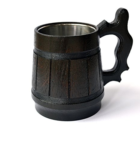 Handmade Beer Mug Oak Wood Stainless Steel Cup Carved Natural Eco-Friendly Old-Fashioned Brown