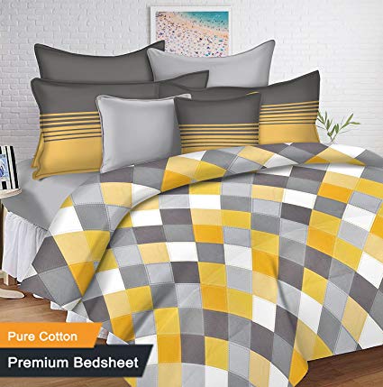 Ahmedabad Cotton 144 TC Cotton Double Bedsheet with 2 Pillow Covers - Yellow and Grey