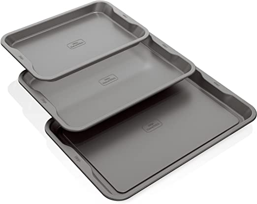 Ninja B33003 Foodi NeverStick Premium 3-Piece Baking Sheet Set, Nonstick, Oven Safe up to 500⁰F, with 9 x 13 inch Sheet, 10 x 15 inch Sheet & 11 x 17 inch Sheet, Dishwasher Safe, Grey