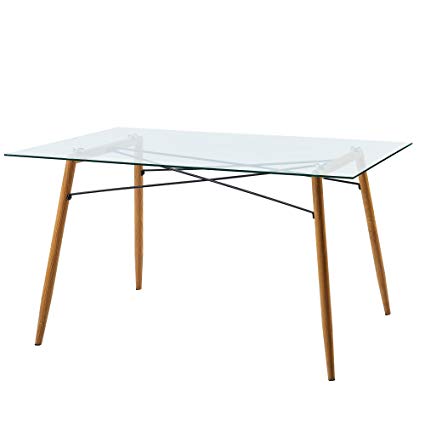 Versanora VNF-00026 Minimalista Dining Tables, Glass Top/Wood Grain Leg