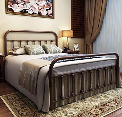 URODECOR Metal Bed Frame Full Size Headboard and Footboard with Mattress Foundation,The Vintage Style Iron Double Bed The Metal Structure,Antique Bronze Brown