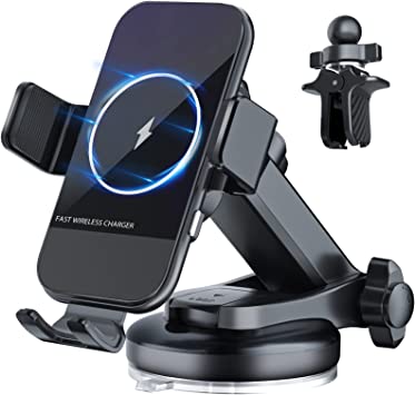 Wireless Car Charger, HYUNDAI 15W Qi Fast Charging Auto Clamping Car Charger Phone Mount, Windshield Dashboard Air Vent Phone Holder, for iPhone 14/13/12/11/X, Samsung Galaxy S22 /S21/S10/Note 20