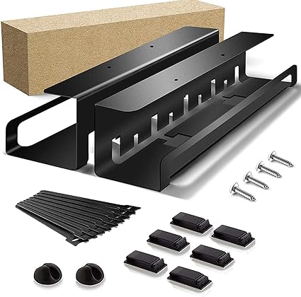 KYONANO 2 Pack Under Desk Cable Management Tray, Metal Cable Tray Basket for Wire Management, Home Office Computer Desk Cable Hider, Black Raceway with 2 Cable Holder, 6 Cable Clips and 10 Cable Ties