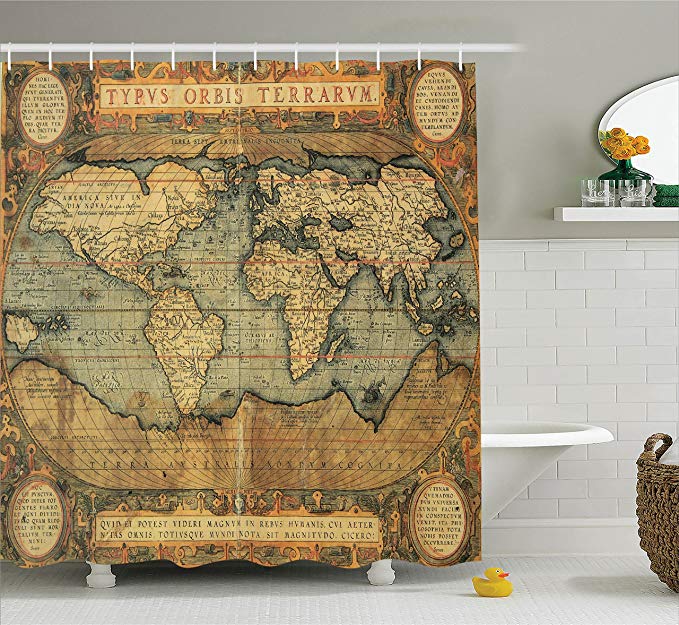 Ambesonne Wanderlust Decor Collection, 16th Century Map of the World History Adventure Boundaries Cartography Civilization Image, Polyester Fabric Bathroom Shower Curtain Set with Hooks, Olive