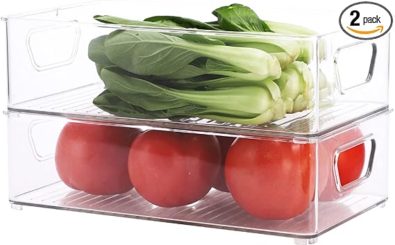 Cq acrylic 2 PCS Refrigerator Pantry Storage Organizer Bins,Stackable Plastic Clear Food Storage Bin with Handles for Pantry,Freezer,Fridge,Cabinet,Kitchen Countertops