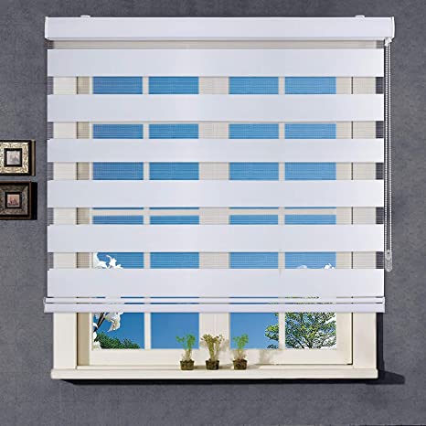 WYMO Zebra Roller Blinds for Windows, White, W 27 x H 64 inch, Horizontal Blinds and Shades, Dual Roller Blinds Day and Night, Light Filtering and Privacy, Easy to Install