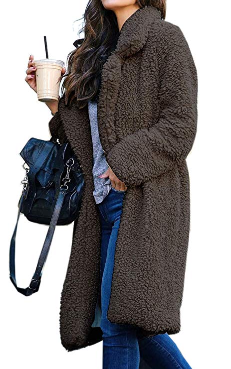 Angashion Women's Fuzzy Fleece Lapel Open Front Long Cardigan Coat Faux Fur Warm Winter Outwear Jackets with Pockets