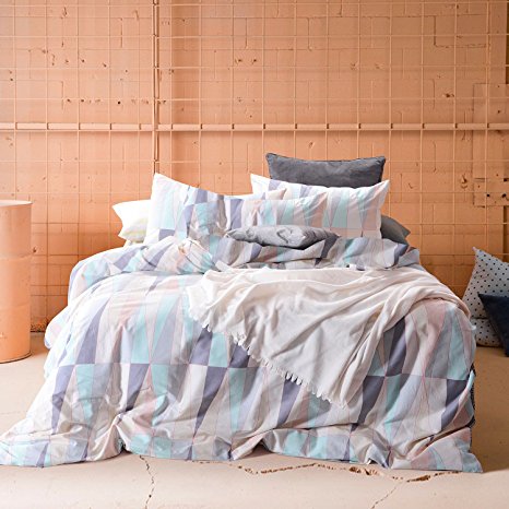 Linen Cotton Geometric Duvet Cover Set, 100% Cotton Bedding, Abstract Triangle Modern Pattern Printed, with Zipper Closure (3pcs, Full Size)
