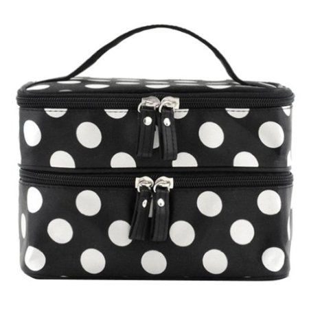 DuaFire Cosmetic Bag Double Layer Dot Pattern Travel Toiletry Bag Organizer With Mirror (Black)