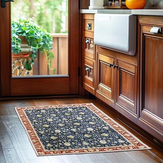 Super Area Rugs - 2X3 Non-Slip Washable Rug for Kitchens and Entryway -Tribal Ornate Front Door Traditional Rug - Navy/Red/Gold, 2' x 3'