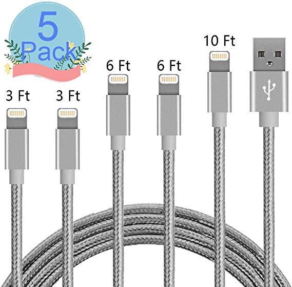 MFi Certified iPhone Charger Lightning Cable, Hxvuter 5Pack(3/3/6/6/10ft) Extra Long Nylon Braided USB Fast Charging&Syncing Cable Compatible iPhone 11/11Pro/11Pro Max Xs MAX XR 6/7/8, 6/7/8 Plus.