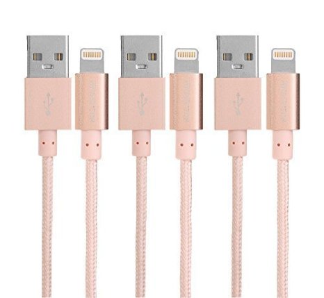 ISelector Pack of 3 Nylon Braided Lightning to USB Sync Charger Cable with Aluminum Connector (6.6 Feet / 2m) for Apple Devices - Rose Gold