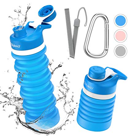 Collapsible Foldable Water Bottle - BPA Free FDA Approved Portable Reusable Leakproof Silicone Sports Travel Water Bottle for Outdoor, Gym, Hiking, Cycling with Wrist Lanyard and Carabiner