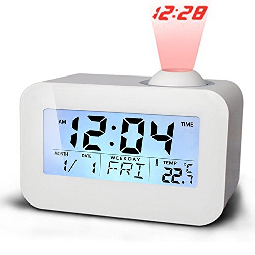 Projection Digital LCD Voice Talking Bedside Students LED Quiet Snooze Alarm Clock -- Coslife (White)