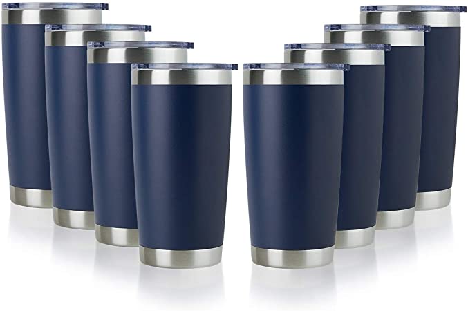 DOMICARE 20oz Stainless Steel Tumbler with Lid, Double Wall Vacuum Insulated Travel Mug, Powder Coated Coffee Cup, Navy, 8 Pack