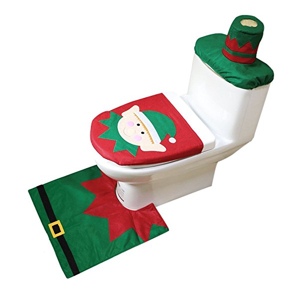 TTLIFE Toilet Seat Cover Set Elf Pattern 3-pcs for Christmas Decorations with Toilet Lid Cover & Tank Cover & Non-slip Rug Set for Bathroom