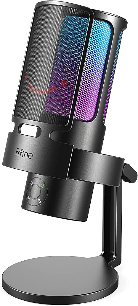 FIFINE Gaming USB Microphone, PC Computer Mic with 4 Polar Patterns for Podcast Streaming Conference Recording YouTube, RGB Condenser Desktop Mic for PS4, Mac, with Headphone Jack-AmpliGame A8 Plus