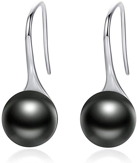 Presentski Black Pearl Dangle Earrings 925 Sterling Silver Classic Round Pearl Tear Drop Hook Earrings Jewelry Birthday Gifts for Women