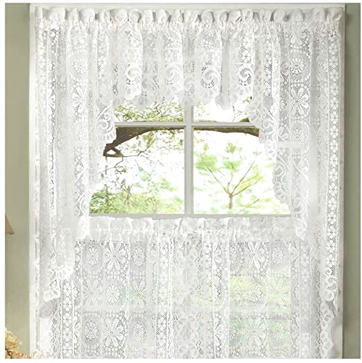 Hopewell Heavy White Lace Kitchen Curtain Choice of Tier Valance or Swag (swags)