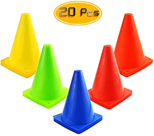 Kuqqi 7 Inch Plastic Agility Cones 20 Pack Set, Indoor/Outdoor Sports Soccer Flexible Cone for Training, Party, Activity, Traffic(Multicolor)