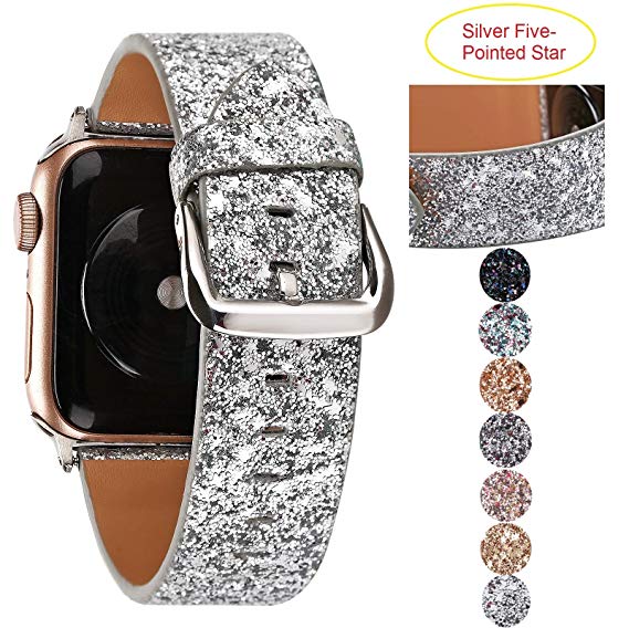 Greaciary Glitter Bling Band Compatible for Apple Watch 38mm 40mm 42mm 44mm,Leather Luxury Shiny Sparkle Women Replacement iWatch Strap Wristbands for iWatch Series 4/3/2/1