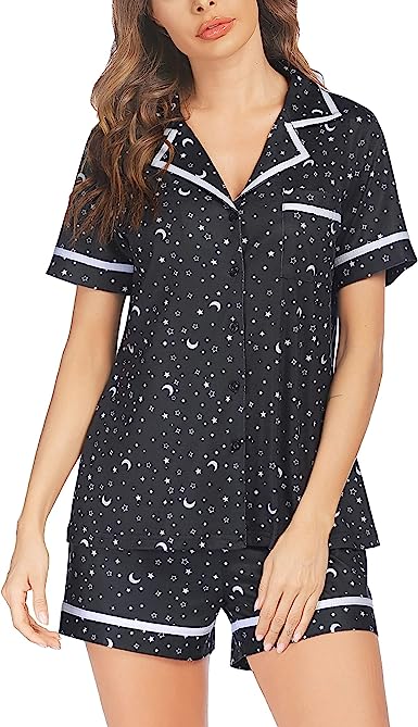 Ekouaer Women Button Up Pajama Set Classic Button Down Pajama Shorts Set Short Sleeve Lounge Set