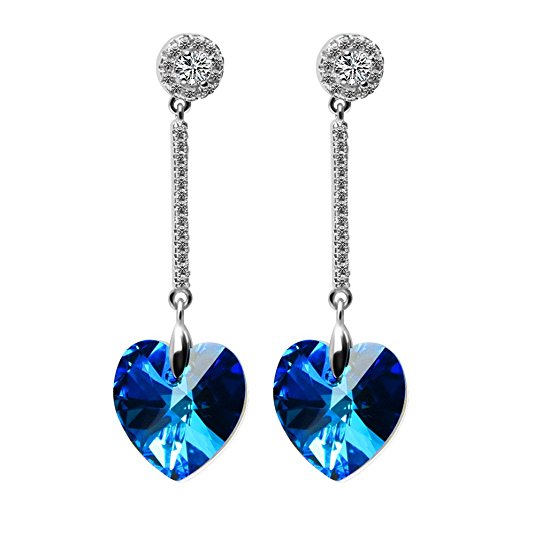 LadyRosian Heart of Ocean 925 Sterling Silver Dangle Love Earrings with Blue Swarovski Crystals Fashion Jewelry Luxury Gifts for Her