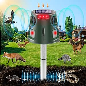 Solar Powered Animal Deterent, Ultrasonic Animal Control Device with Motion Sensor and FIashing Light, Waterproof Outdoor Animal Repellent for Deer Squirrel Raccoon Cat Bobcats, Frequency 18kHZ