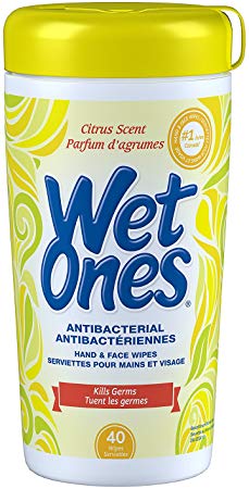 Wet Ones Antibacterial Premoistened Hand and Face Wipes Canister, Citrus Scent, 40 Wipes