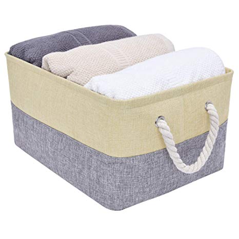 StorageWorks Rectangular Basket, Foldable Storage Bin with Rope Handles for Babies Nursery Toys Organizer, Canvas Linen, Gray and Beige, 1-Pack