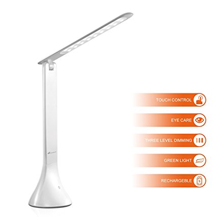 Moobibear 001P Dimmable LED Desk Lamps 3-Level Brightness Touch-Sensitive Switch Small Daylight Folding Portable Table Reading Cordless Lamps White with Li-ion Rechargeable Battery USB Charger