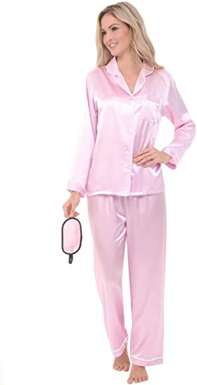 Alexander Del Rossa Women's Button Down Satin Pajama Set with Sleep Mask, Long Silky Pjs