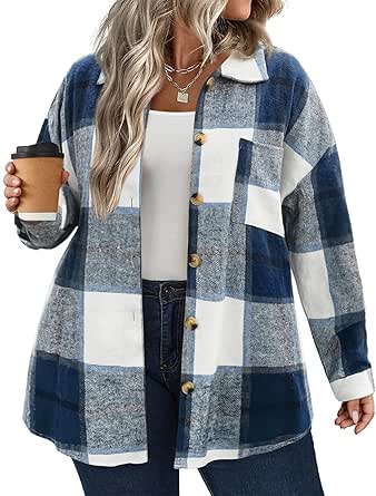 IN'VOLAND Women's Plus Size Plaid Shacket Long Sleeve Button Down Flannel Shirts Casual Jacket Coats