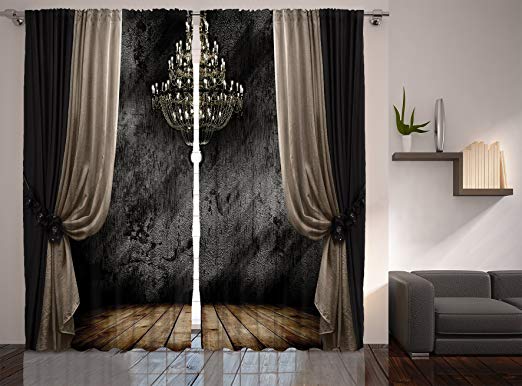 Ambesonne Classical Curtains, Ball Room Chandelier Look Illustration in Dark Tones Medieval Antique Times, Living Room Bedroom Window Drapes 2 Panel Set, 108" X 90", Charcoal Brown