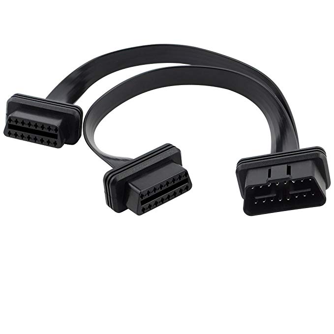 iKKEGOL Ultra Low Profile Straight 16 Pin OBD2 OBDII Splitter Extension Cable Male to Dual Female Y Cable 30cm/12 (Straight Port)