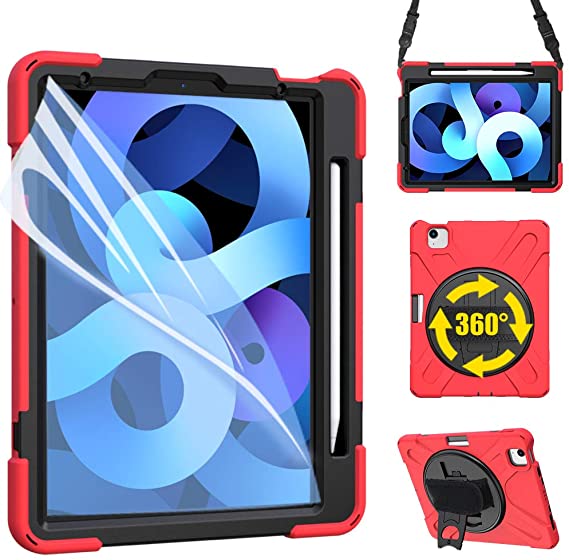 ZenRich iPad Air 4 10.9 2020 Case, zenrich iPad 10.9 inch Case with Screen Protector Stand Hand Strap Shoulder Belt Heavy Duty Shockproof Case for iPad 10.9 inch/iPad Pro 11 inch 2020/2018,Red