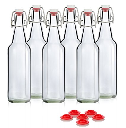 Swing Top Grolsch Glass Bottles 16oz - CLEAR - For Brewing Kombucha Kefir Beer (6 Set) Bonus Gaskets
