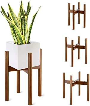 Magicfly Mid Century Plant Stand Expandable Width & Adjustable Height for 8-12 Inch Modern Planter Pots, Wood Flower Pot Holder for Potted Plant Indoor, Home Decor (Plant and Pot NOT Included), Brown