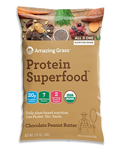 SAMPLE SIZE Amazing Grass Organic Plant Based Vegan Protein Superfood Powder, Flavor: Chocolate Peanut Butter, 1.51 oz Packet, Meal Replacement Shake