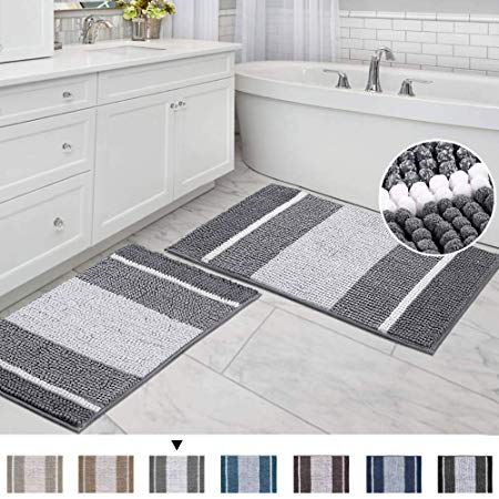 Striped Bath Rug Super Soft Microfiber Non Slip Mat Anti-Slip Bath Mats Plush Chenille Yarn Shaggy Mat Living Room Bedroom Mat Floor Water Absorbent, 20" x 32" Plus 17" x 24", Gray