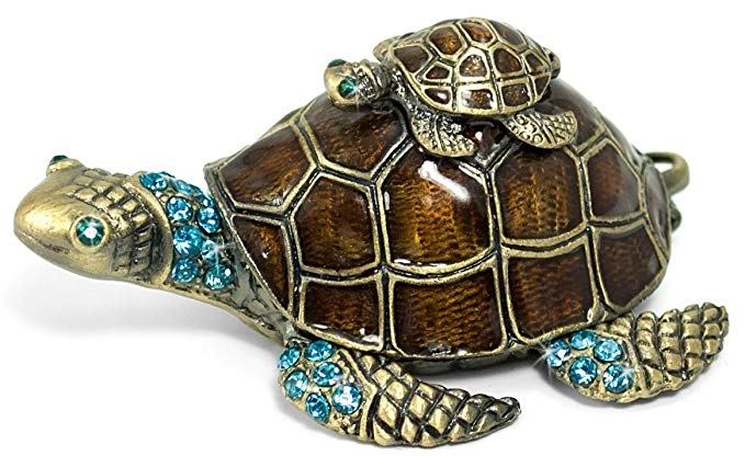 Waltz&F Turtle Trinket Jewelry Box with Sparkling Light Green Crystals,Hinged Trinket Box Hand-painted Figurine Collectible Ring Holder