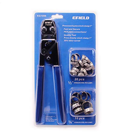 EFIELD PEX Cinch Clamp Crimping Tool for Clamps Sizes: 3/8" to 1" with Go-No/Go Gauge 20pcs 1/2" and 10 pcs 3/4" Clamps Fits Sharkbite, Watts, and All US F2098 Standard
