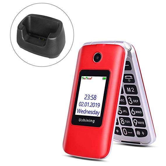 Ushining 3G Unlocked Senior Flip Phone Dual SIM Card FM Radio GSM Unlocked Flip Phone 2.8" LCD and Large Keypad with Charging Cradle (Red)