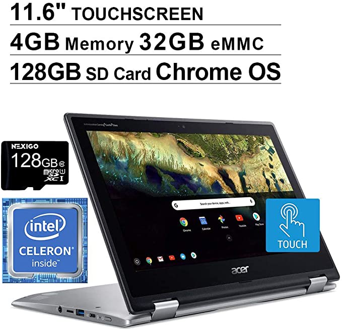 2020 Acer Chromebook Spin 11 11.6 Inch Touchscreen 2-in-1 Laptop, Intel Celeron N3350, 4GB RAM, 32GB eMMC, WiFi, Bluetooth, Chrome OS   NexiGo 128GB MicroSD Card Bundle (Silver)