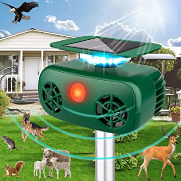 Ultrasonic Animal Repellent,Solar Outdoor Animal Repeller,Sunscreen & Waterproof Motion Sensor, 5 Modes to Repel Dog, Cat, Squirrel, Raccoon, Rabbit, Fox,Bird ,Mice with LED Flash Lights & Alarm