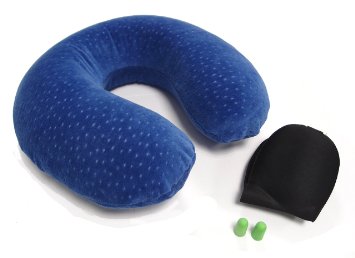 MORETON Memory Foam Travel Pillow - Blue - with Sleep Eye Mask, Earplugs and Carry Bag