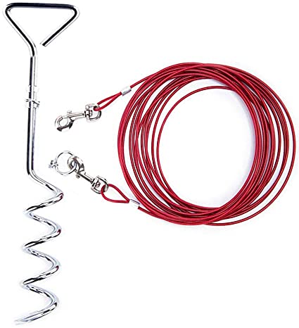 Relux Pet Dog Yard Stake Tie Out Cable 16 ft for Outdoor Yard and Camping,Medium to Large Dogs Up to 125 lbs(Red,18" Stake, 16 ft Cable)