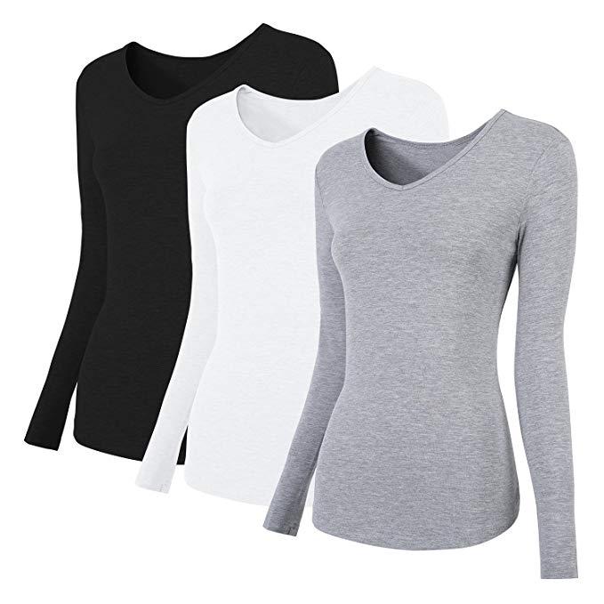 MONYRAY Women’s Comfort Long Sleeve T-Shirt V Neck/Underscrub Tee(1/3 Pack)