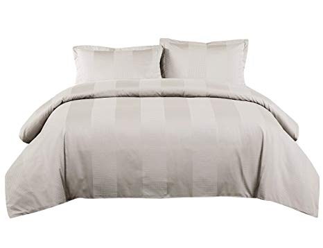 PHF Cotton Waffle Duvet Cover Set with Sateen Stripes Hotel Luxury for Winter Bedding Set 3 Pieces Queen Size Beige Khaki