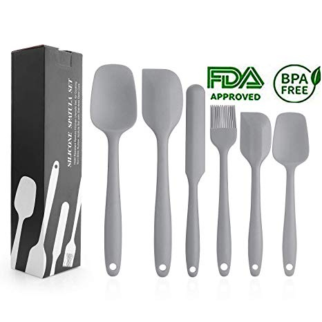 Silicone Spatula Set - 6 Piece Non-Stick Rubber Spatula Set with Stainless Steel Core - Heat-Resistant Spatula Kitchen Utensils Set for Cooking, Baking and Mixing - Gray